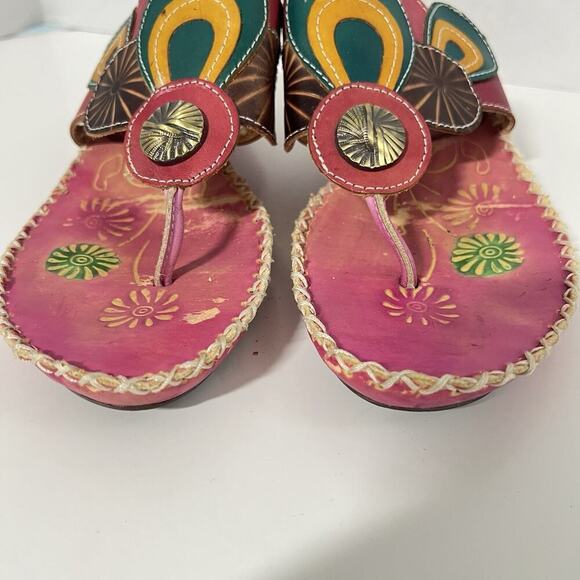 Elite Corkys Colorful Wedge Sandals Women’s 9 Leather Painted Navajo Pink Green - Picture 2 of 14